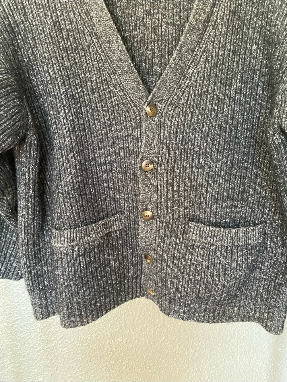 Eddie Bauer Men’s Charcoal Gray Ribbed V‑Neck Button Cardigan